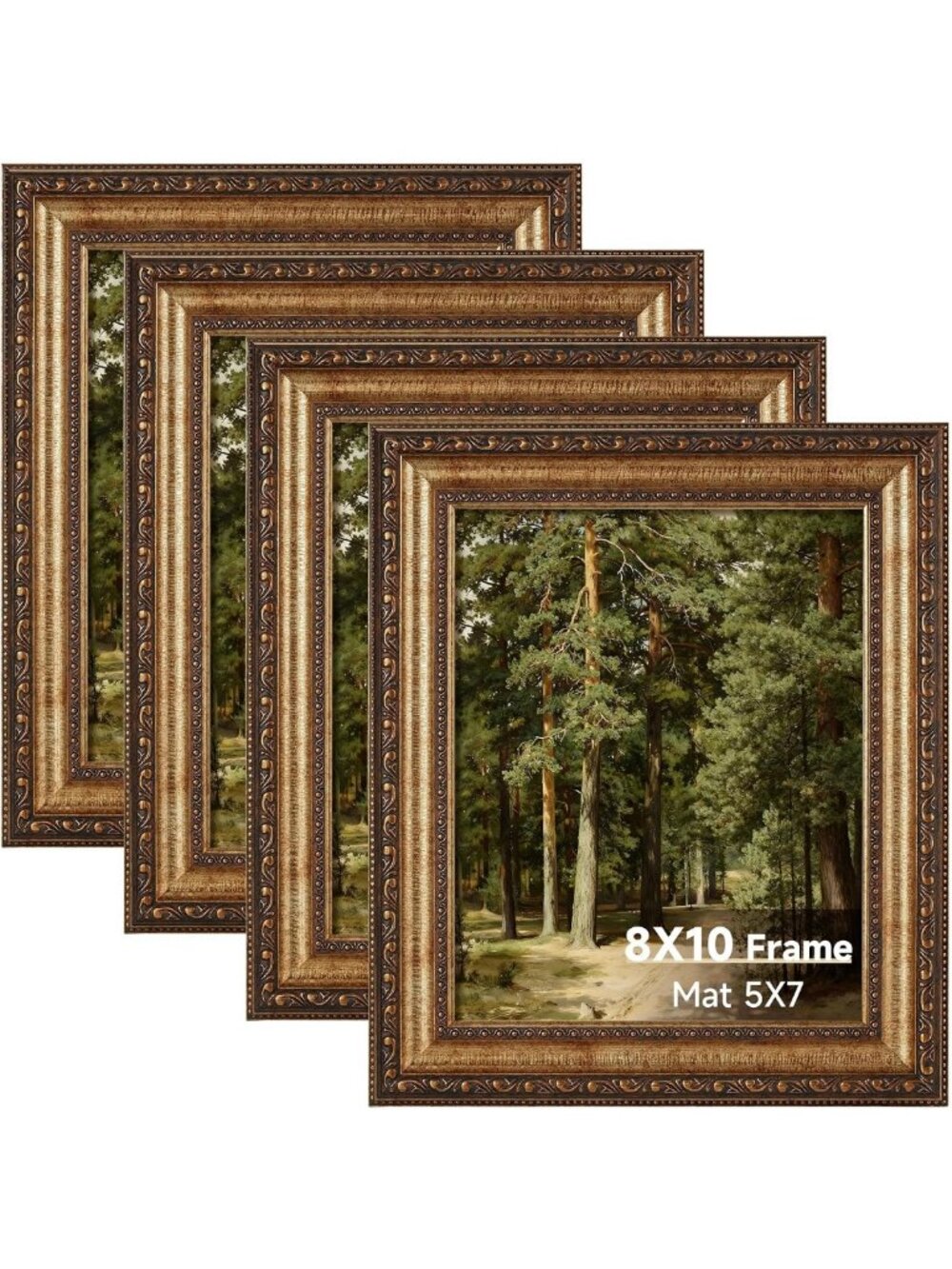 Vintage Gold Picture Frames Set of 4, 8x10 with Matted 5x7 Prints, Home Decor